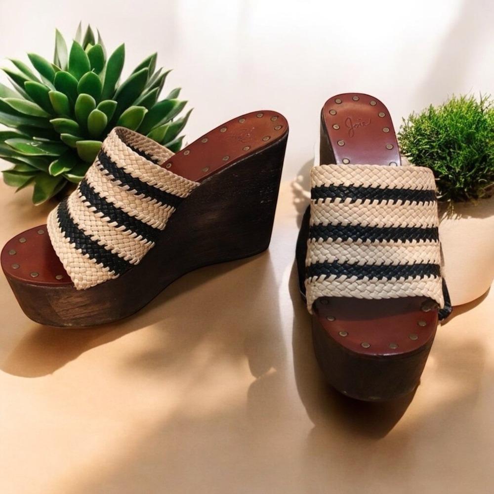 Joie Black Ivory Black Woven Stripe Braided Leather Platform Wood Wedges 10 - 40